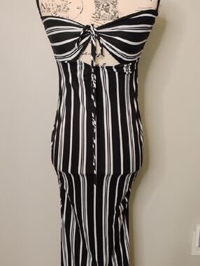 Black & White Vertical Stripe Strapless Maxi Dress